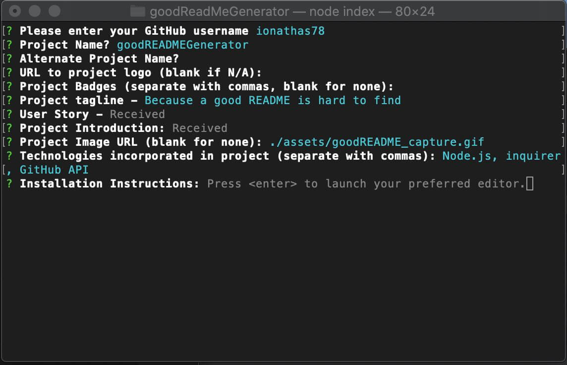 Trey useful Node dot j s app for generating a Read Me